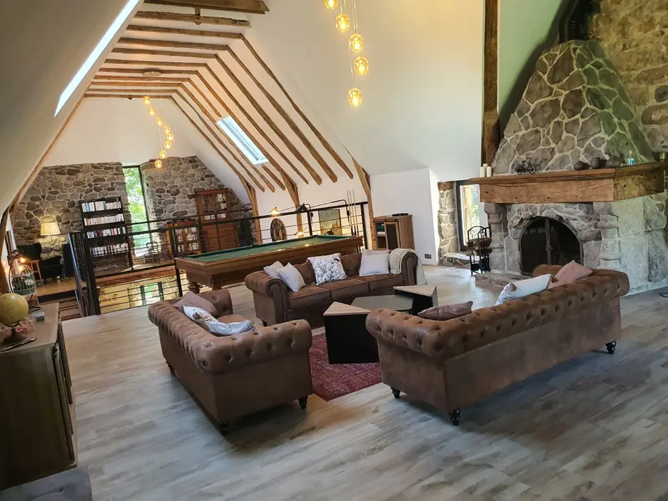 Salon aux canapés en cuir et cheminée en pierre